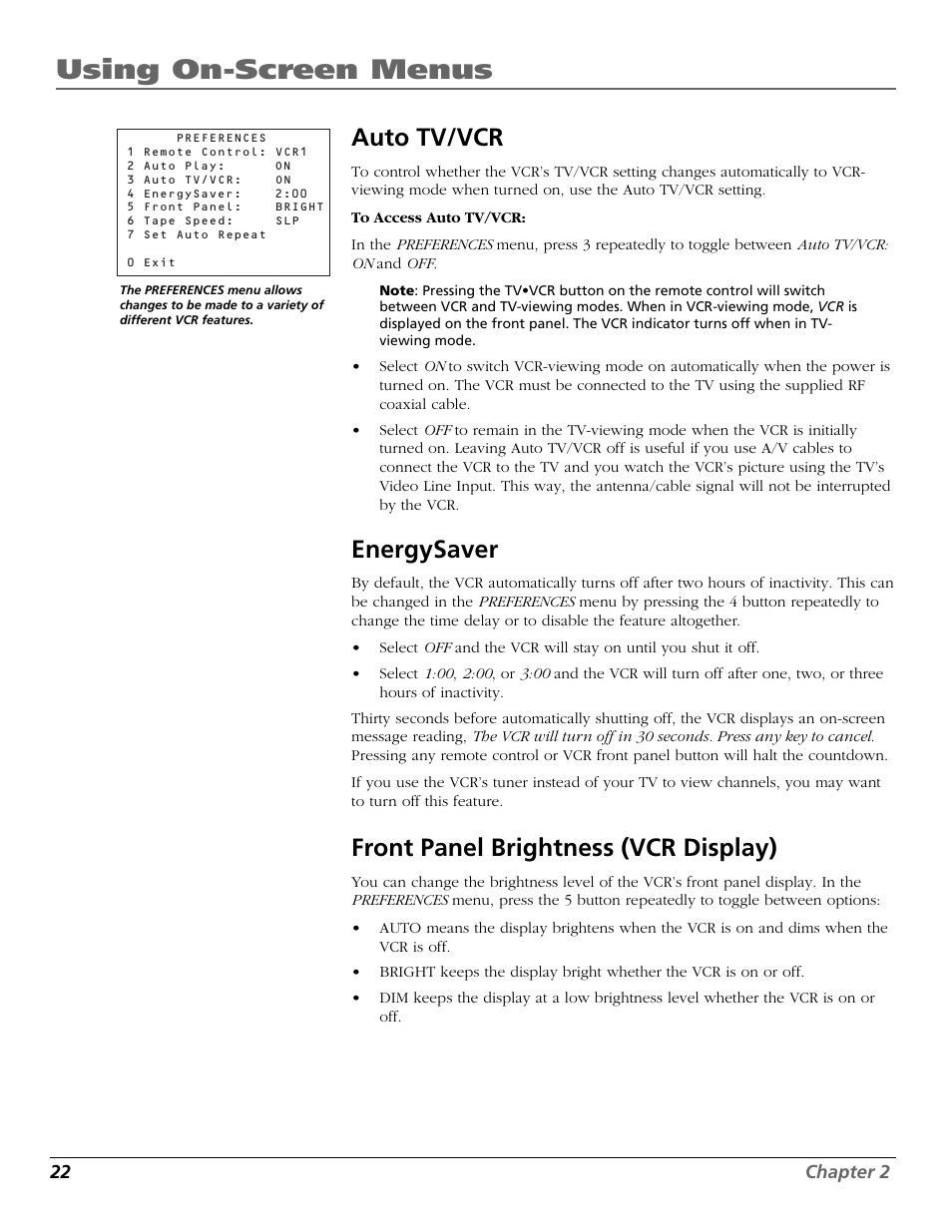 Auto tv/vcr, Energysaver, Front panel brightness (vcr display) | Auto tv/vcr feature, Energysaver feature, Front panel, Tv•vcr button, Using on-screen menus | RCA VR651HF User Manual | Page 24 / 60