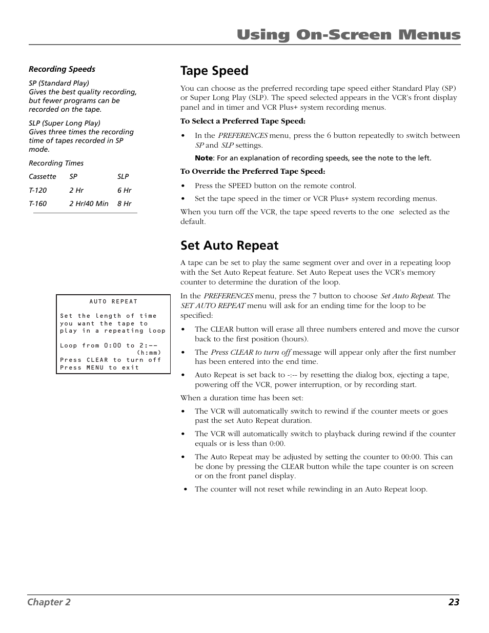 Tape speed, Set auto repeat, Speeds | Tape speed feature, Speeds, recording, Tape speeds, Tape speed set auto repeat, Using on-screen menus | RCA VR651HF User Manual | Page 25 / 60