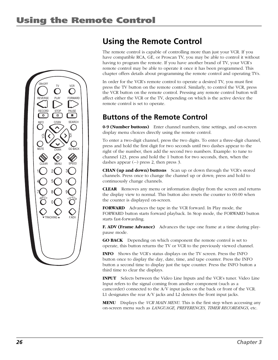 Using the remote control, Buttons of the remote control, Clear button | Go back button, 26 chapter 3 | RCA VR651HF User Manual | Page 28 / 60