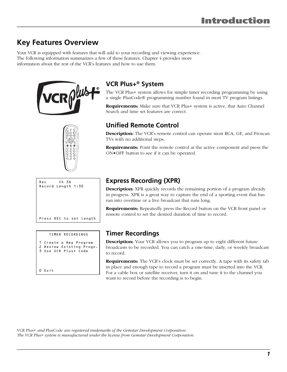 Key features overview, Express recording (xpr), Express (xpr) | Introduction, Vcr plus, System, Unified remote control, Timer recordings | RCA VR651HF User Manual | Page 3 / 60