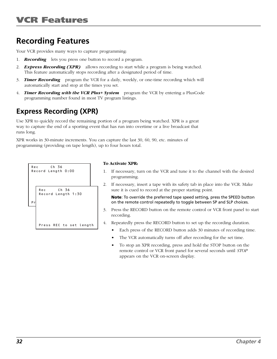 Recording features, Express recording (xpr), Vcr features | RCA VR651HF User Manual | Page 34 / 60