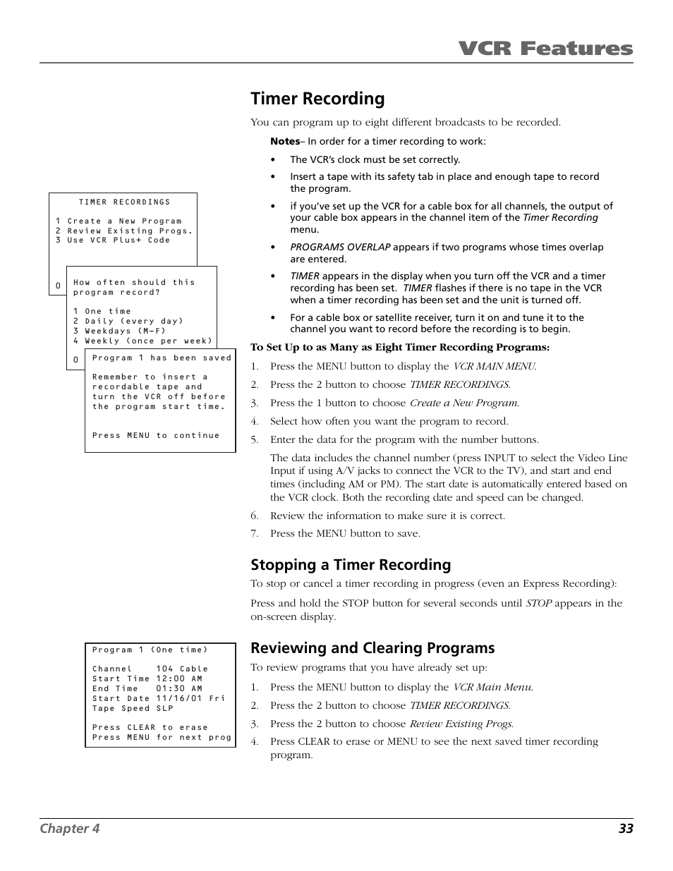 Timer recording, Stopping a timer recording, Reviewing and clearing programs | Input button, Timer, Reviewing timer programs, Clearing, Reviewing, Stopping, Vcr features | RCA VR651HF User Manual | Page 35 / 60