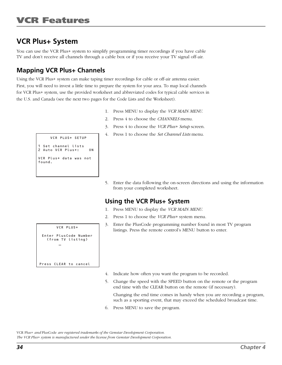 Vcr plus+ system, Mapping vcr plus+ channels, Using the vcr plus+ system | Broadcast stereo, Vcr plus, Vcr features | RCA VR651HF User Manual | Page 36 / 60