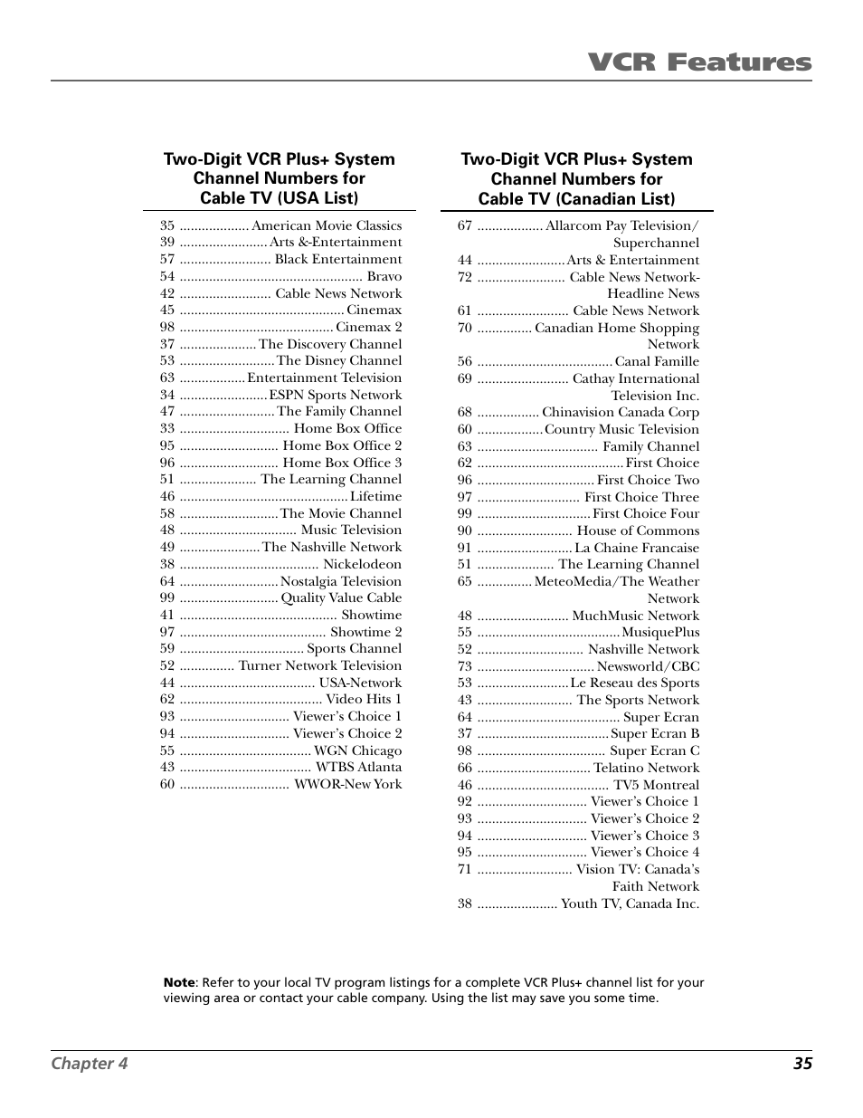 Channel lists, Vcr features | RCA VR651HF User Manual | Page 37 / 60