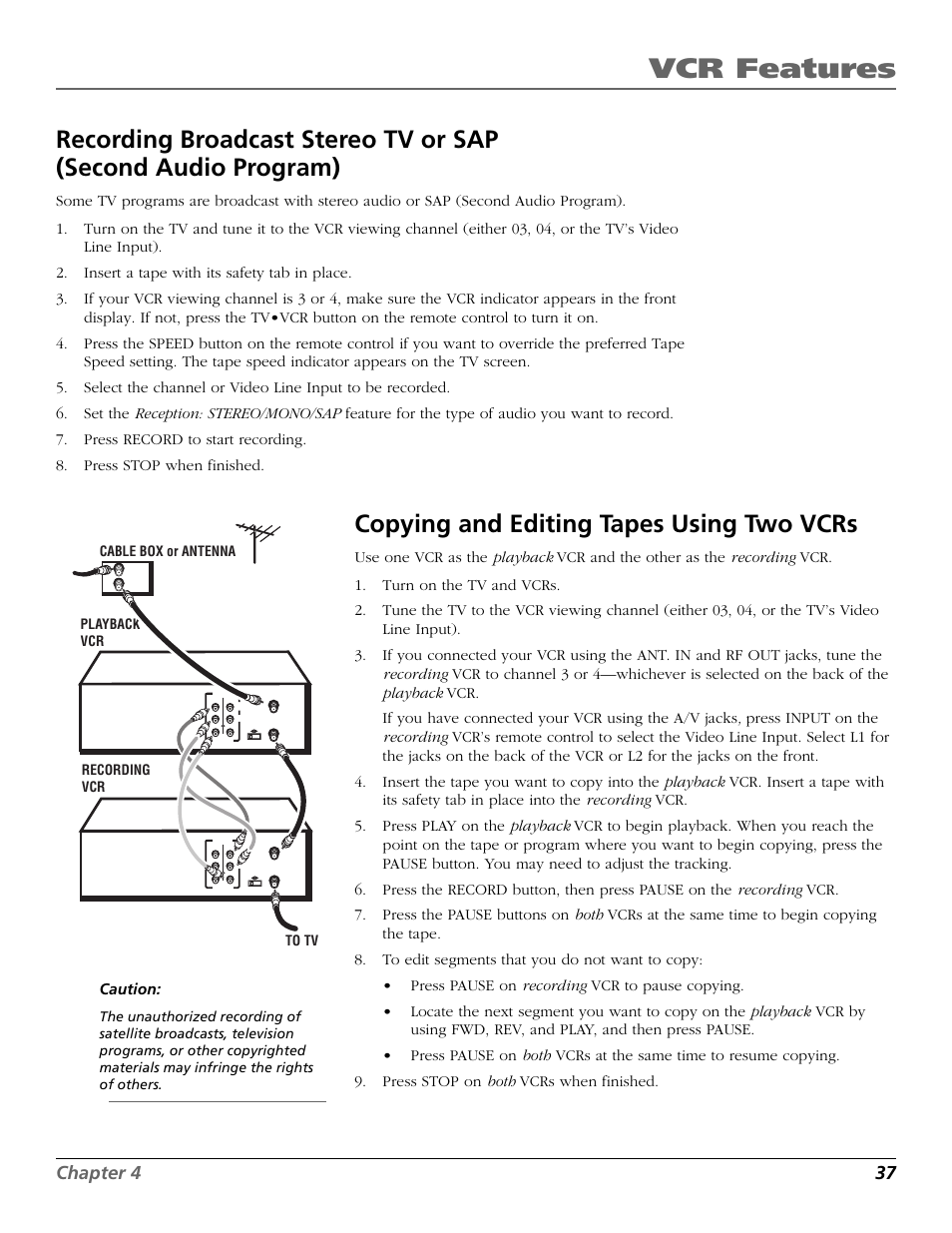 Copying and editing tapes using two vcrs, Broadcast stereo tv recording, Copying tapes | Fwd button, L1 indicator, L2 indicator, Reception: stereo/mono/sap feature, Broadcast stereo tv, Copying /editing tapes, Rev button | RCA VR651HF User Manual | Page 39 / 60