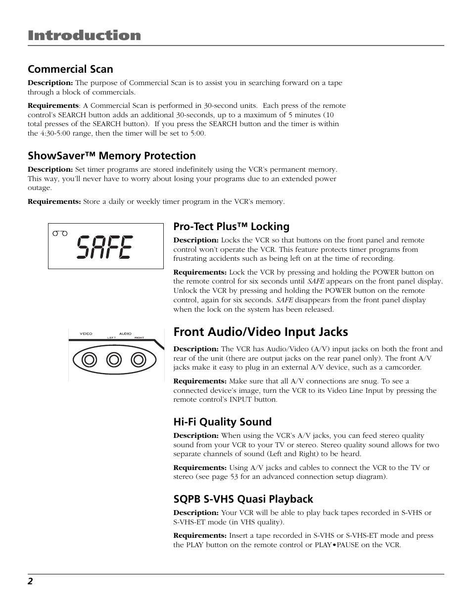 Commercial scan, Introduction, Front audio/video input jacks | Pro-tect plus™ locking, Hi-fi quality sound, Sqpb s-vhs quasi playback | RCA VR651HF User Manual | Page 4 / 60