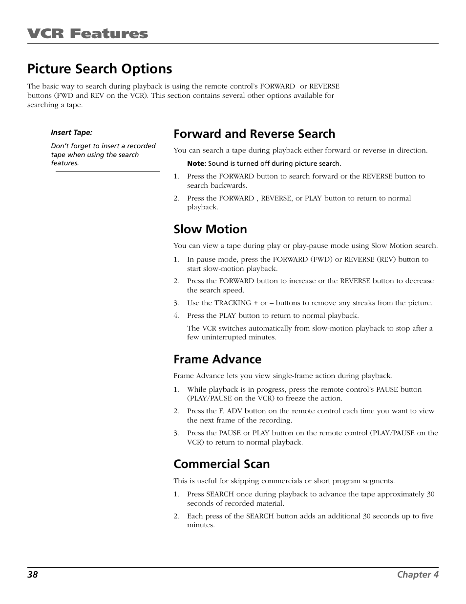 Picture search options, Forward and reverse search, Slow motion | Frame advance, Commercial scan, F. adv button, Play/pause button, Forward, Reverse, Vcr features | RCA VR651HF User Manual | Page 40 / 60