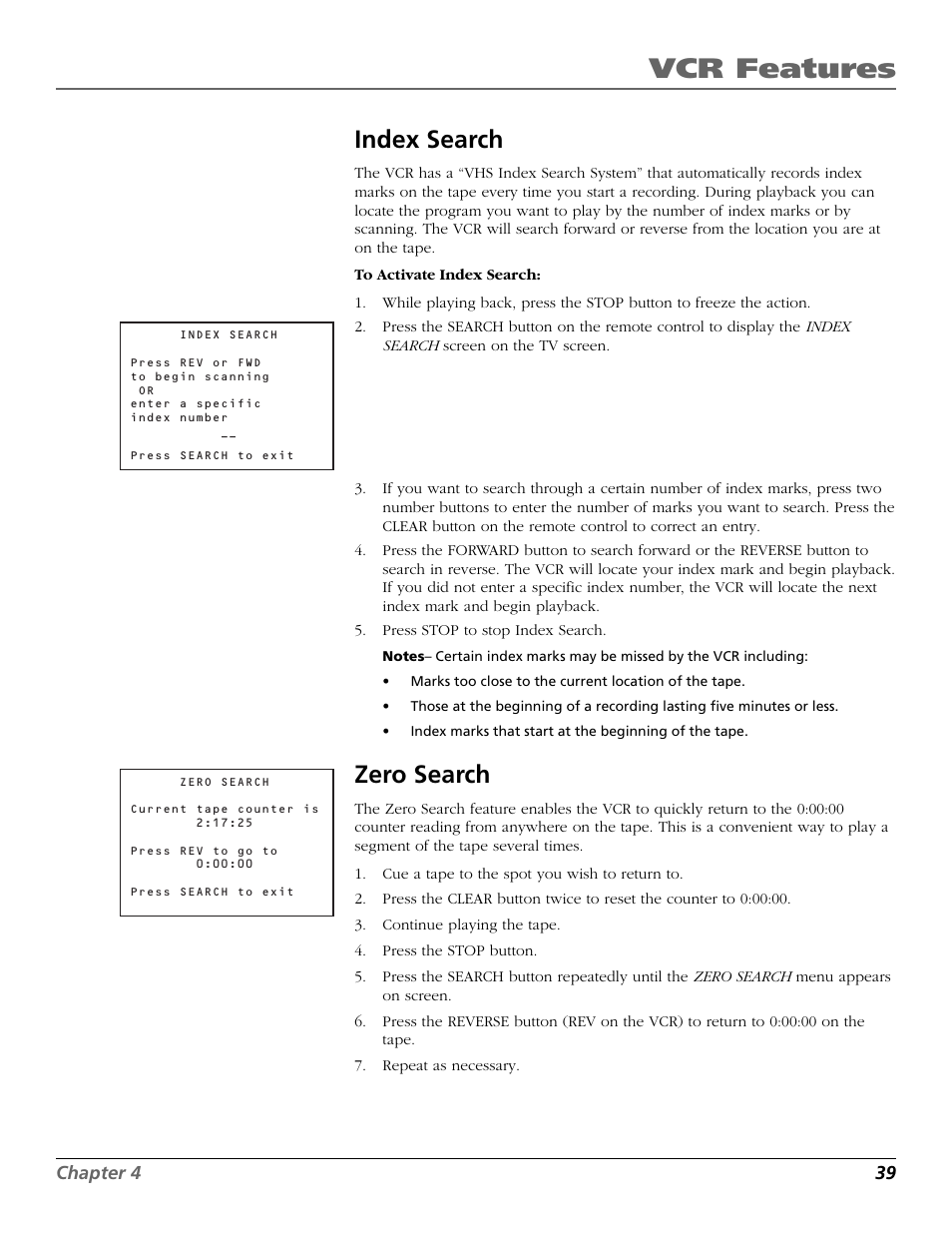 Index search, Zero search, Search button | Index search zero search, Vcr features | RCA VR651HF User Manual | Page 41 / 60
