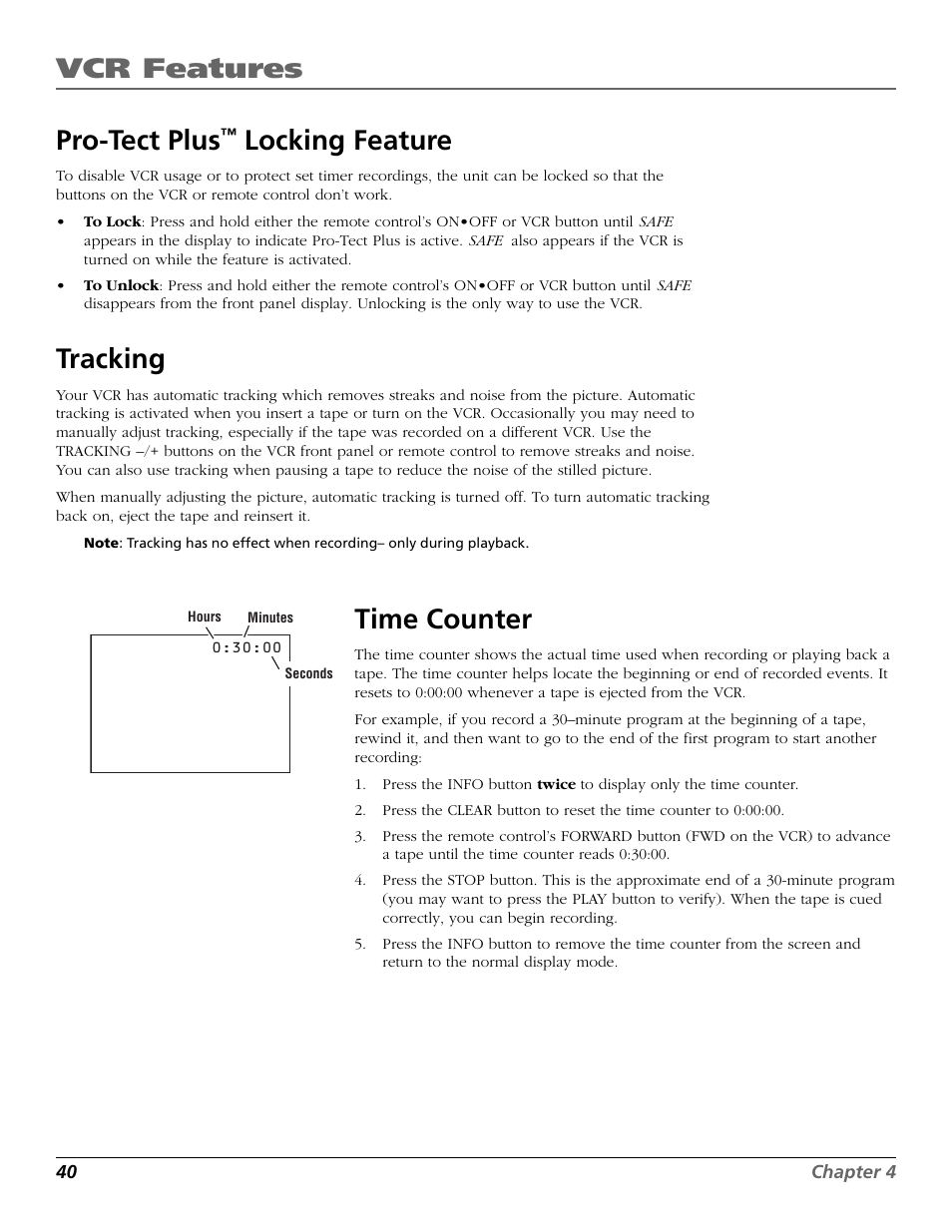 Pro-tect plus™ locking feature, Tracking, Time counter | Info button, Locking feature, On•off button, Pro-tect plus, Safe display, Vcr features | RCA VR651HF User Manual | Page 42 / 60