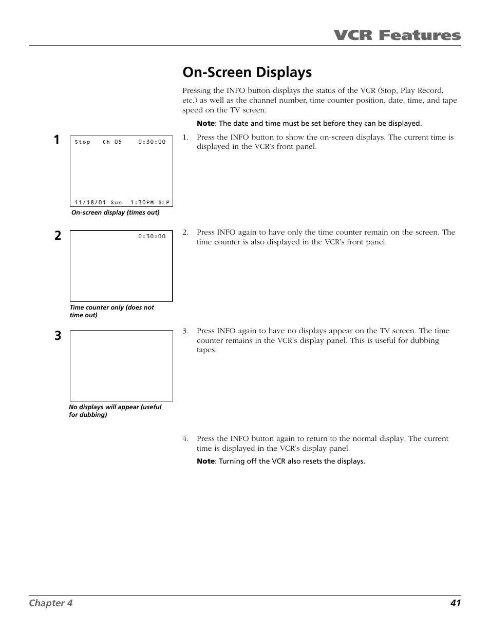 On-screen displays, Displays, on screen, Time counter display | Time display on tv, Vcr features | RCA VR651HF User Manual | Page 43 / 60