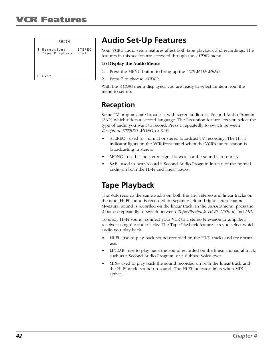 Audio set-up features, Tape playback, Playback type | Selecting, Audio features, set up, Audio menu, Tape playback feature, Tape playback: hi-fi/linear/mix, Audio set-up features tape playback, Vcr features | RCA VR651HF User Manual | Page 44 / 60