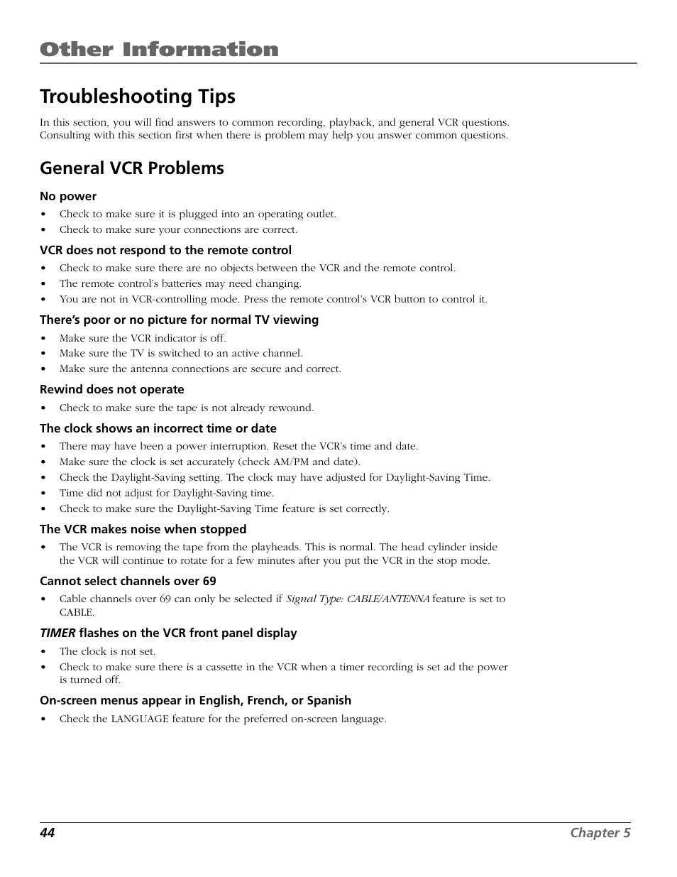 Troubleshooting tips, General vcr problems, Troubleshooting | Other information | RCA VR651HF User Manual | Page 46 / 60