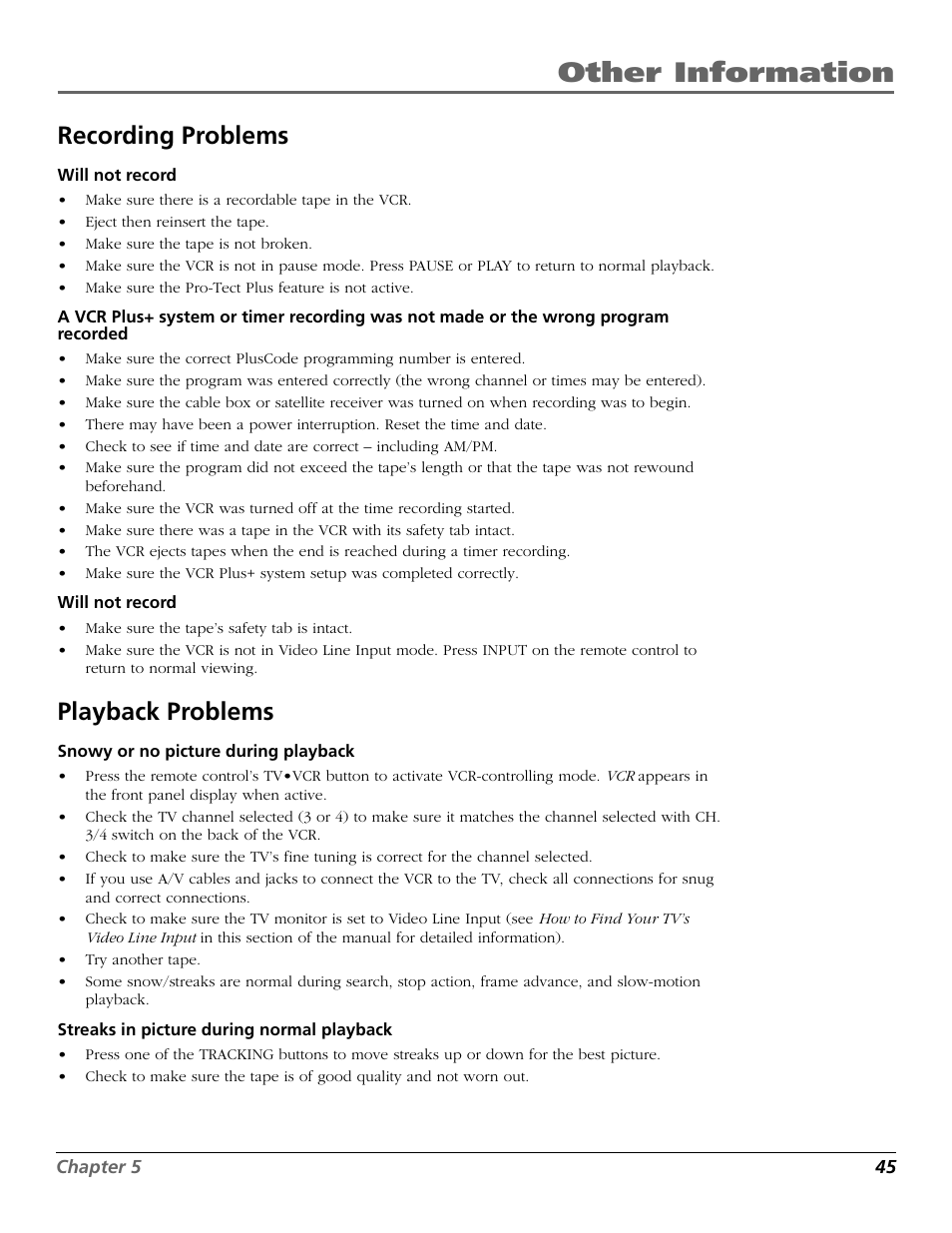 Recording problems, Playback problems, Recording problems playback problems | Other information | RCA VR651HF User Manual | Page 47 / 60