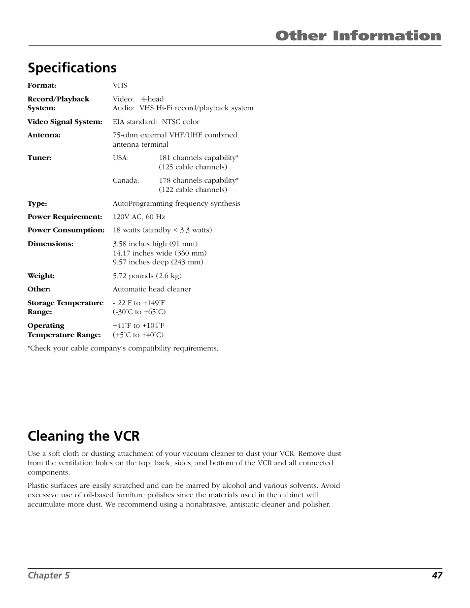 Specifications, Cleaning the vcr, Design specifications | Specifications cleaning the vcr, Other information specifications | RCA VR651HF User Manual | Page 49 / 60