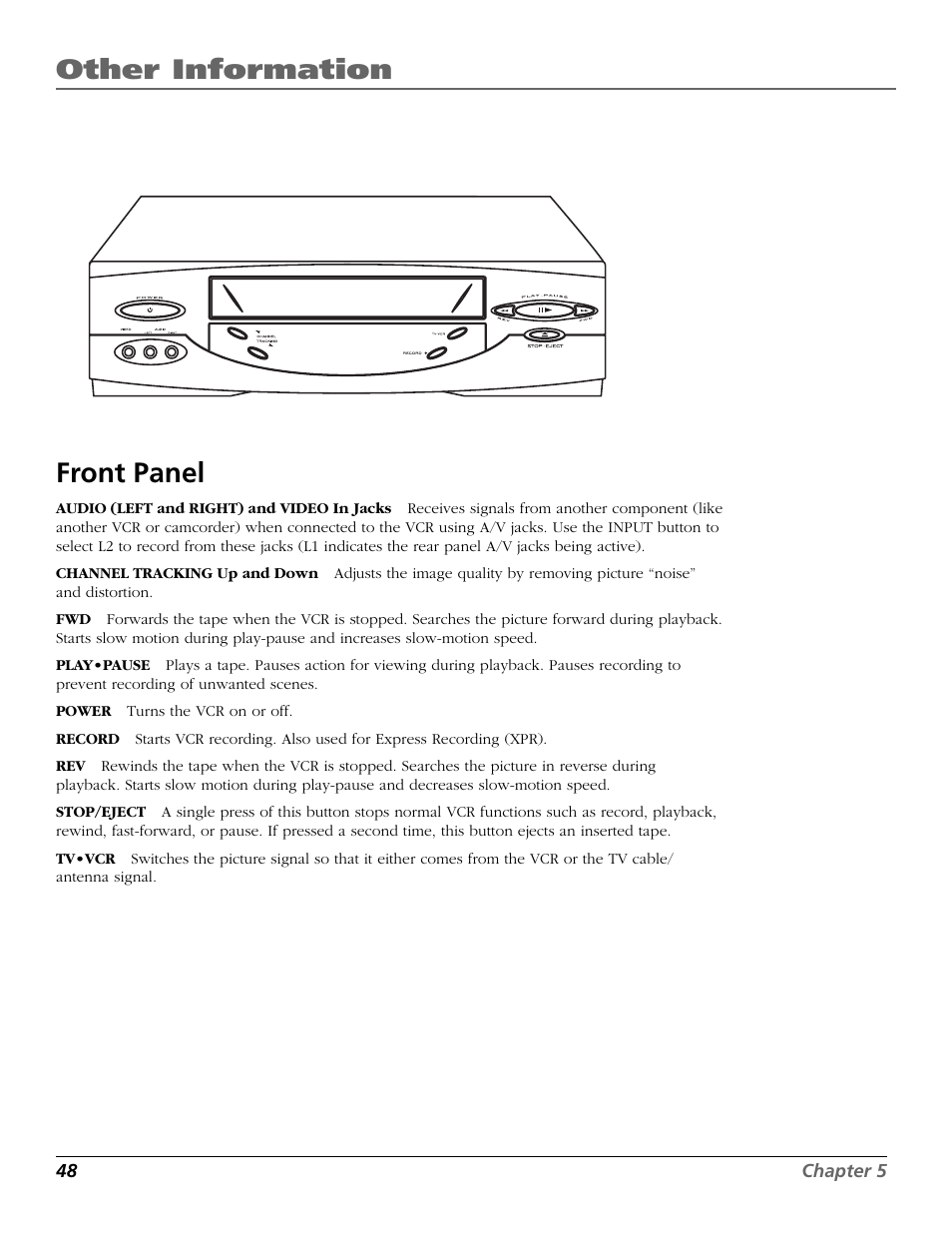Front panel, Front panel controls, Other information | RCA VR651HF User Manual | Page 50 / 60