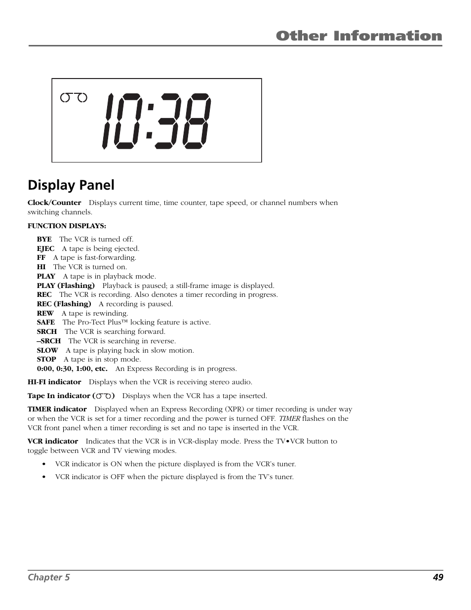 Display panel, Bye display, Clock display | Ff display, Hi display, Hi-fi indicator, Indicators (display panel), Play display, Rec display, Rew display | RCA VR651HF User Manual | Page 51 / 60