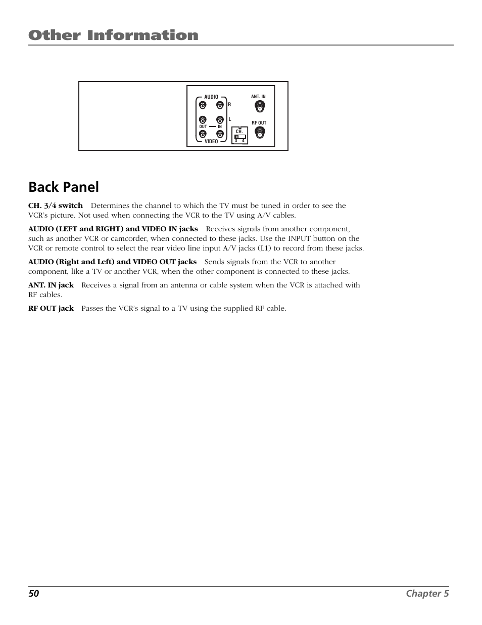 Back panel, Back panel jacks, Rf out jack | Other information, 50 chapter 5 | RCA VR651HF User Manual | Page 52 / 60