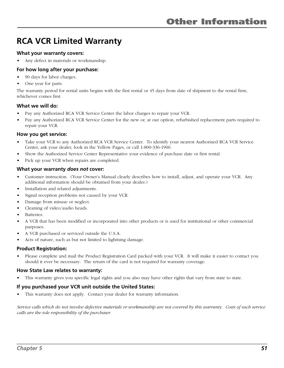 Rca vcr limited warranty, Other information rca vcr limited warranty | RCA VR651HF User Manual | Page 53 / 60
