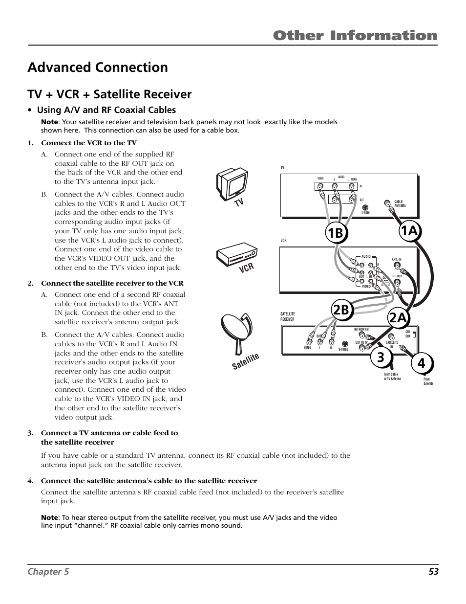 Advanced connection, Tv + vcr + satellite receiver, Audio in jacks | Other information advanced connection, 1a 4 3, 1b 2a 2b, Chapter 5 53, Using a/v and rf coaxial cables, Vcr tv satellite | RCA VR651HF User Manual | Page 55 / 60