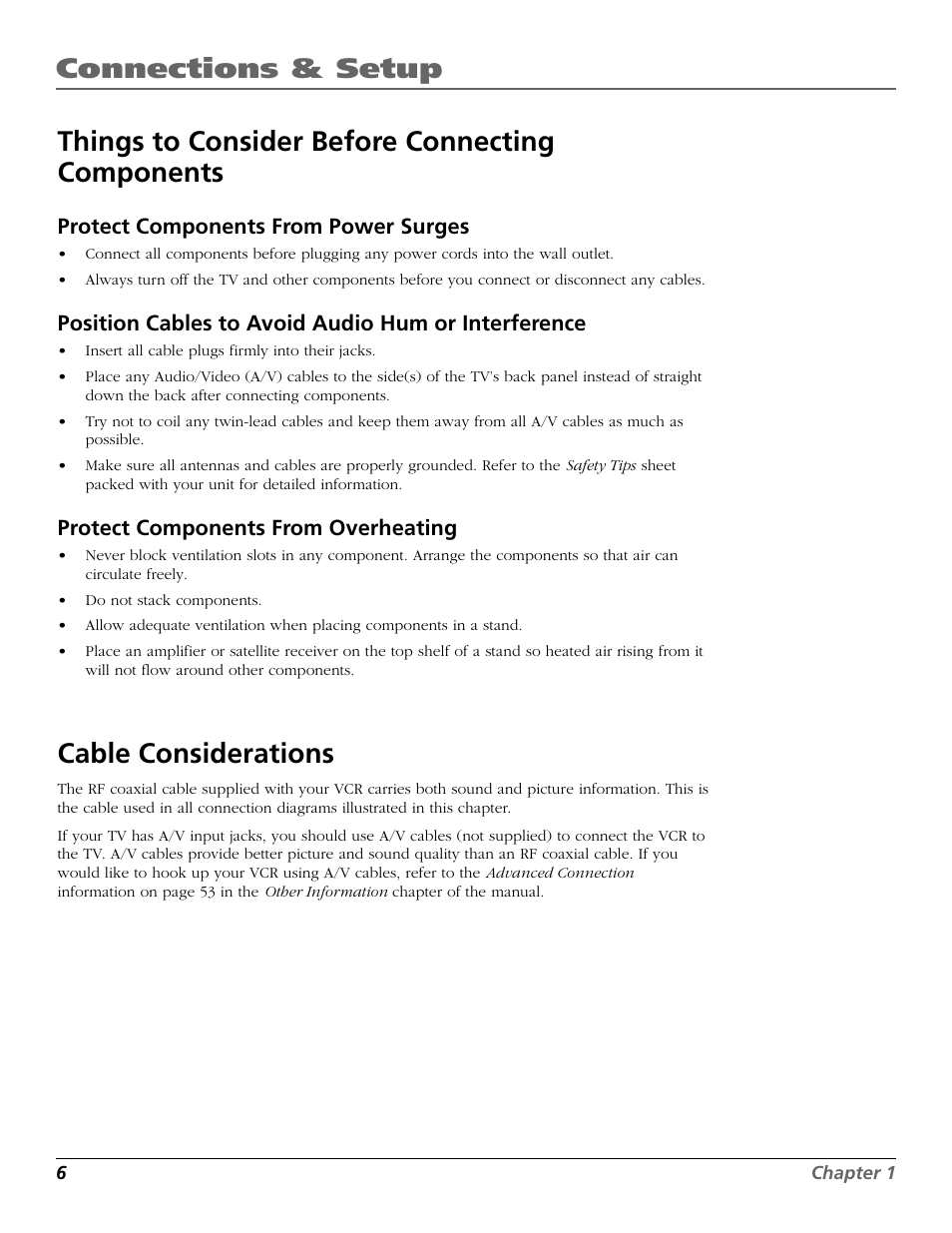 Things to consider before connecting components, Cable considerations, Positioning | Overheating, Power surges, Connections & setup, Protect components from power surges, Position cables to avoid audio hum or interference, Protect components from overheating | RCA VR651HF User Manual | Page 8 / 60