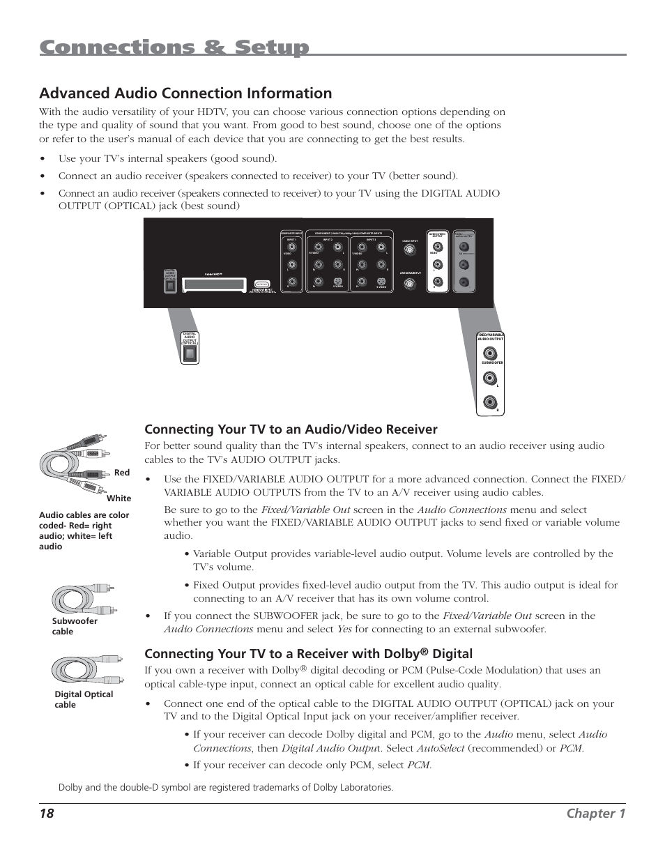 Connections & setup, Advanced audio connection information, 18 chapter 1 | Connecting your tv to an audio/video receiver, Connecting your tv to a receiver with dolby, Digital, If you own a receiver with dolby | RCA HDTV User Manual | Page 20 / 80