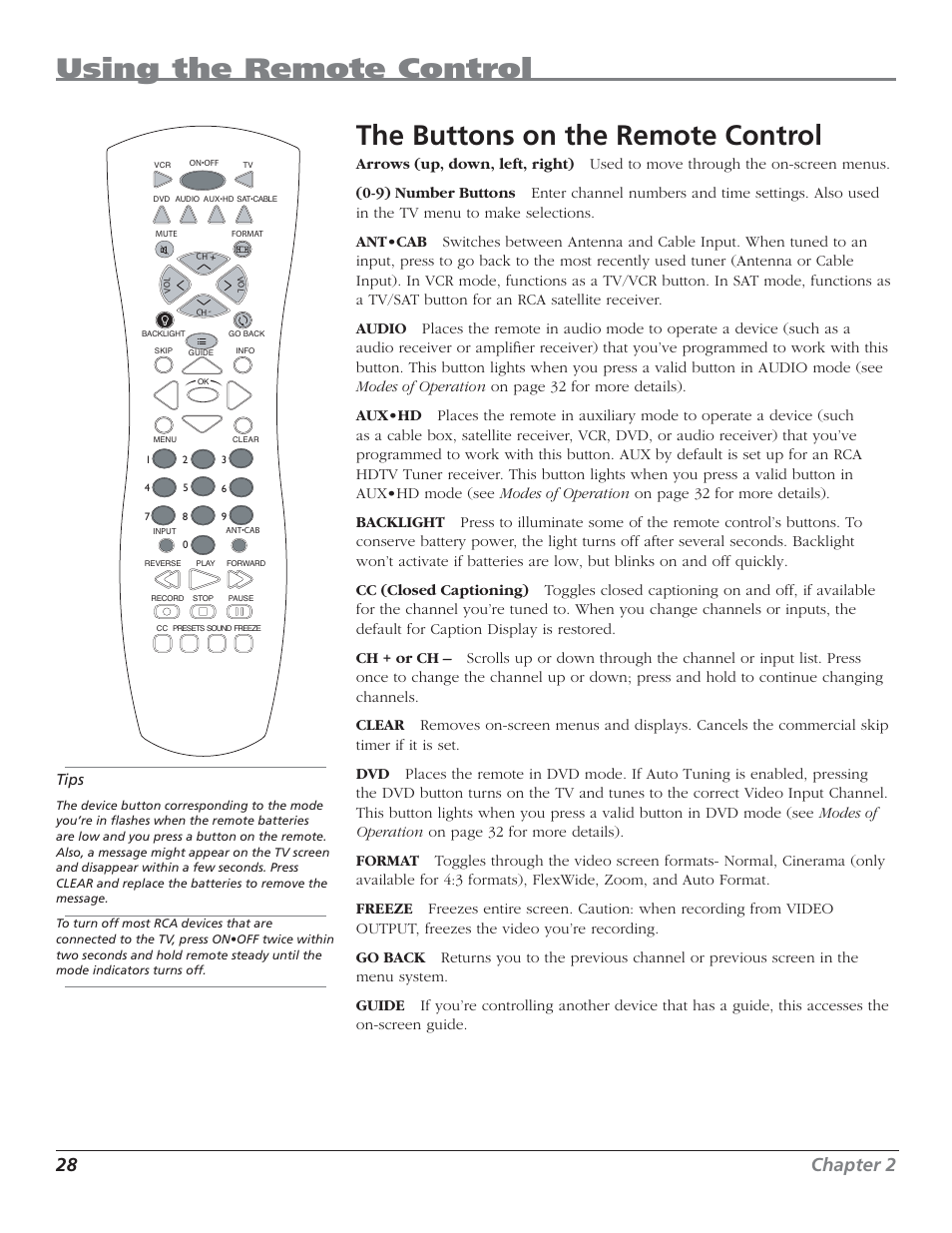 Using the remote control, The buttons on the remote control, 28 chapter 2 | Tips | RCA HDTV User Manual | Page 30 / 80