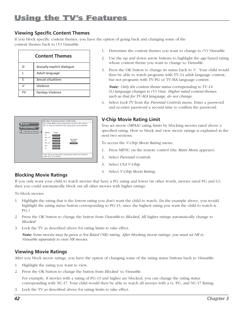 Using the tv’s features, 42 chapter 3 viewing specifi c content themes, Content themes | V-chip movie rating limit, Blocking movie ratings, Viewing movie ratings | RCA HDTV User Manual | Page 44 / 80