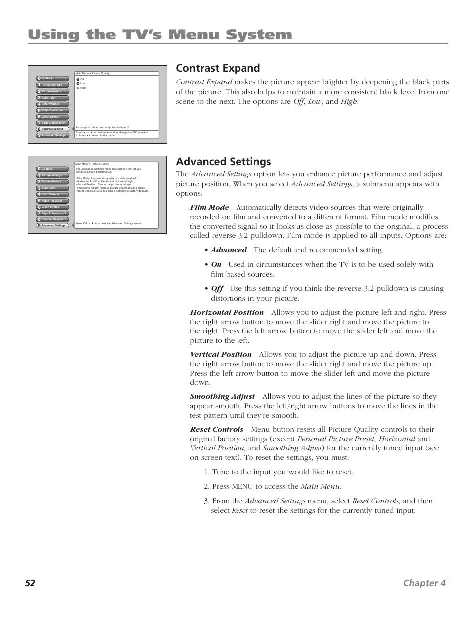 Using the tv’s menu system, Contrast expand, Advanced settings | 52 chapter 4 | RCA HDTV User Manual | Page 54 / 80