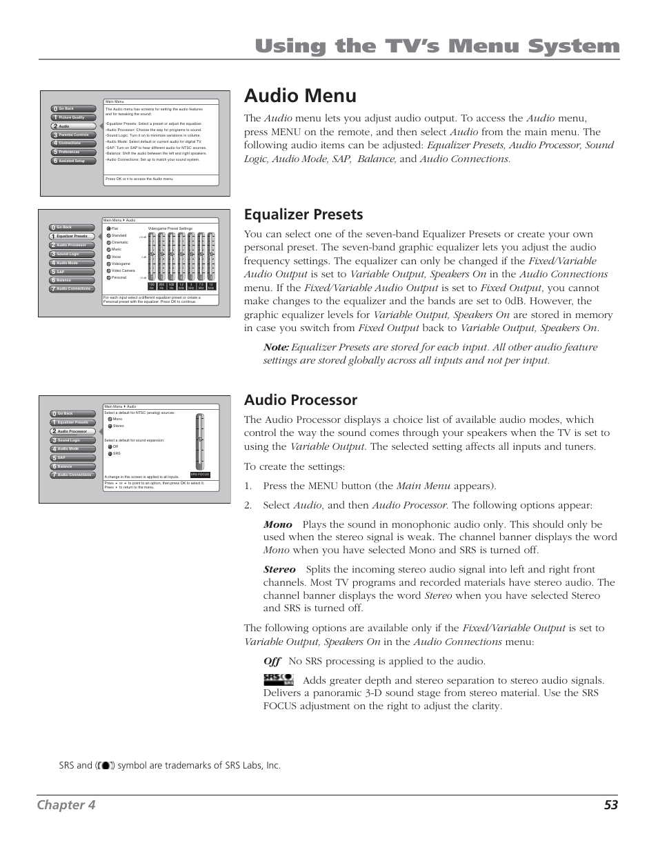 Using the tv’s menu system, Audio menu, Equalizer presets | Audio processor, Chapter 4 53, Srs and ( ) symbol are trademarks of srs labs, inc | RCA HDTV User Manual | Page 55 / 80