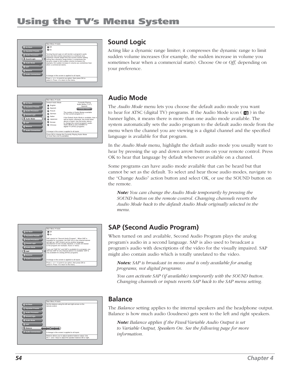Using the tv’s menu system, Sound logic, Audio mode | Sap (second audio program), Balance, 54 chapter 4 | RCA HDTV User Manual | Page 56 / 80