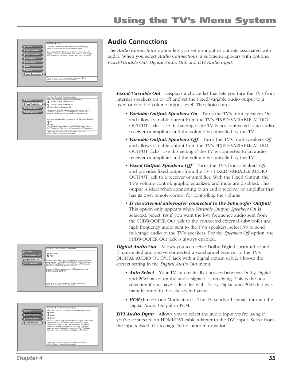 Using the tv’s menu system, Audio connections, Chapter 4 55 | RCA HDTV User Manual | Page 57 / 80