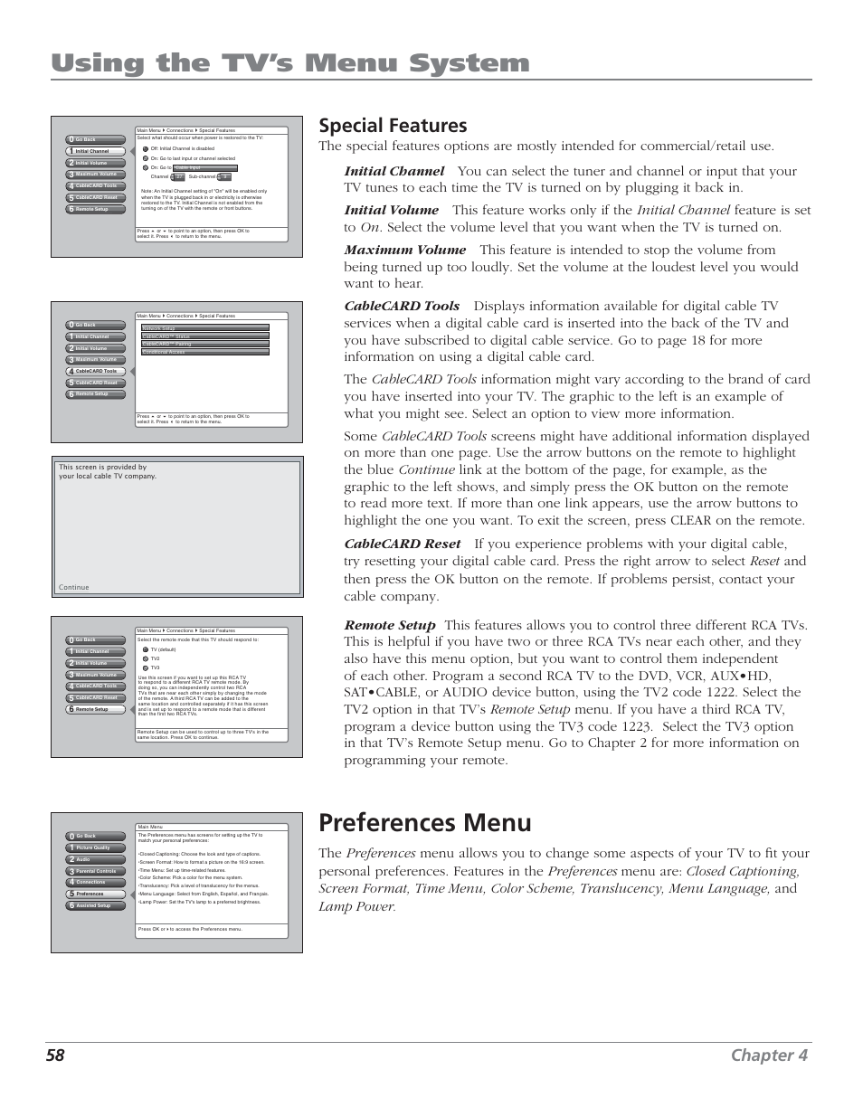 Using the tv’s menu system, Preferences menu, Special features | 58 chapter 4 | RCA HDTV User Manual | Page 60 / 80