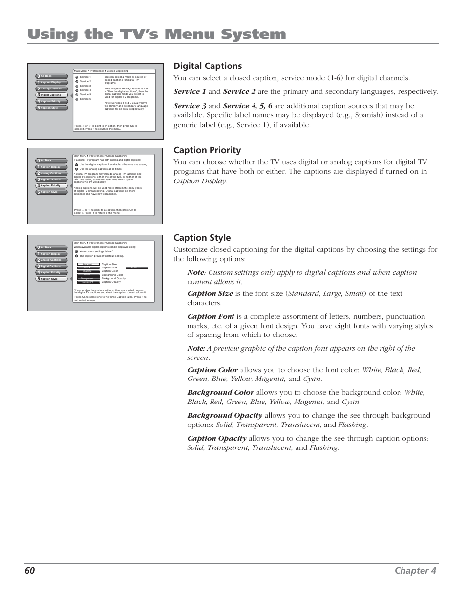 Using the tv’s menu system, 60 chapter 4, Digital captions | Caption priority, Caption style | RCA HDTV User Manual | Page 62 / 80
