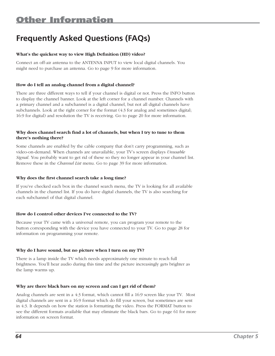 Other information, Frequently asked questions (faqs) | RCA HDTV User Manual | Page 66 / 80