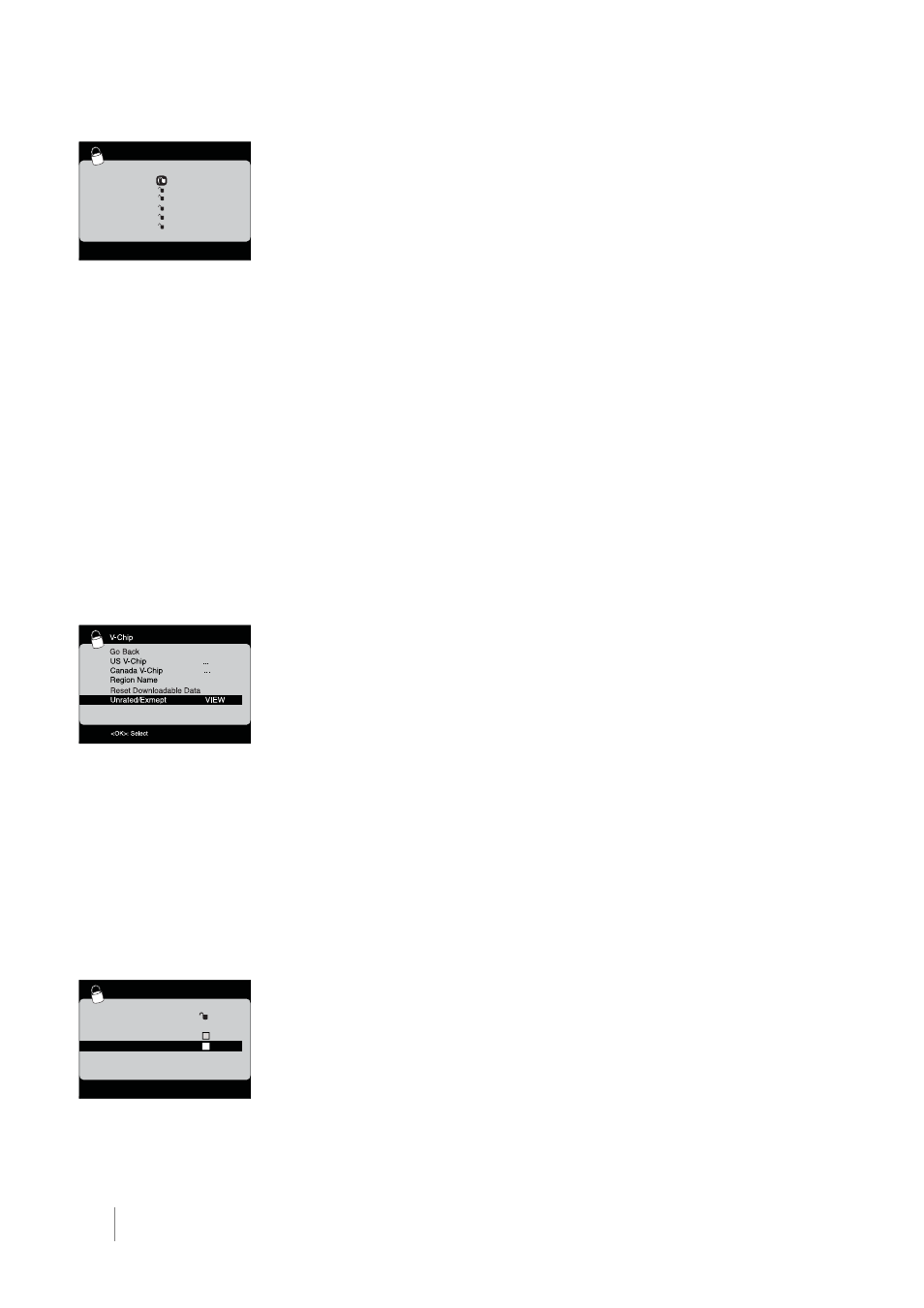 Blocking canada v-chip ratings, Future rating region, Reset downloadable data | Blocking unrated/exempt programs, Block channel, Button block | RCA L32HD31 User Manual | Page 38 / 52