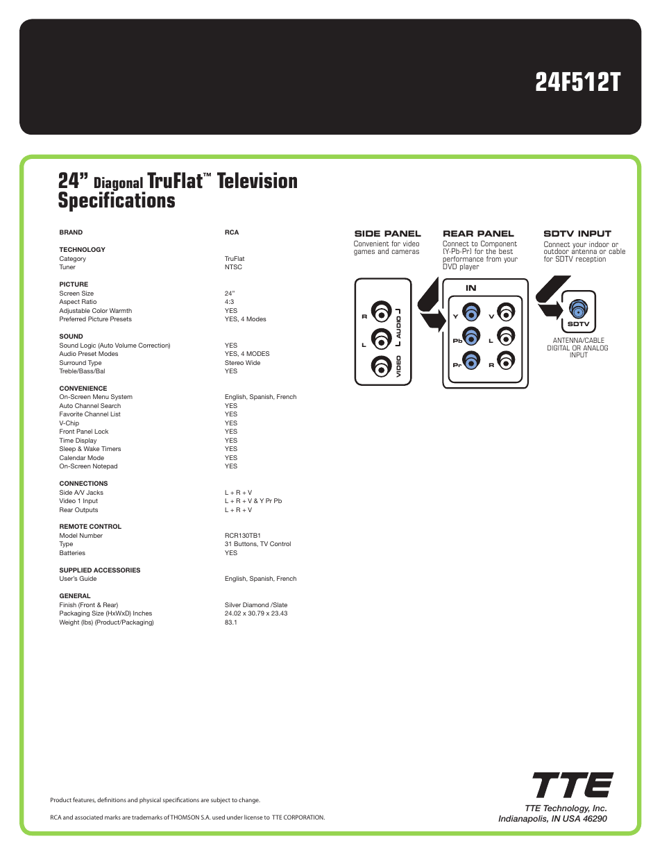 Truflat, Television specifications, Diagonal | RCA TRUFLAT 24F512T User Manual | Page 2 / 2