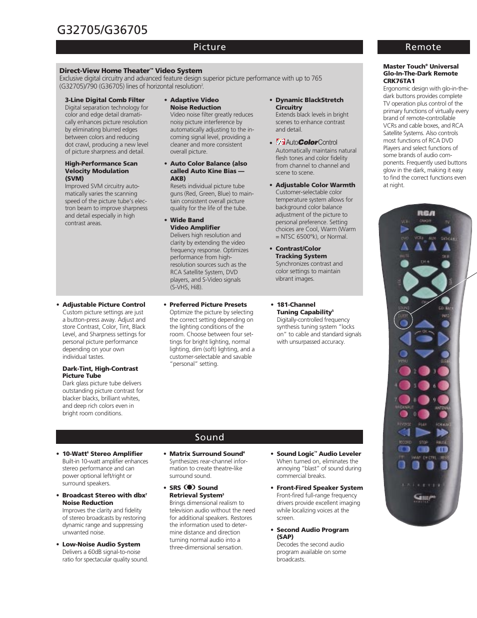 Picture remote sound | RCA G36705 User Manual | Page 2 / 4