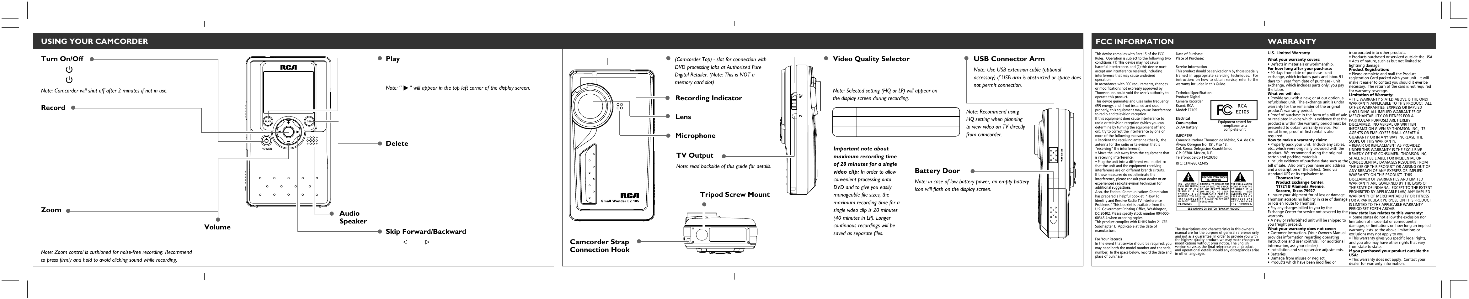 Using your camcorder, Fcc information, Warranty | RCA SMALL WONDER EZ105 User Manual | Page 2 / 2