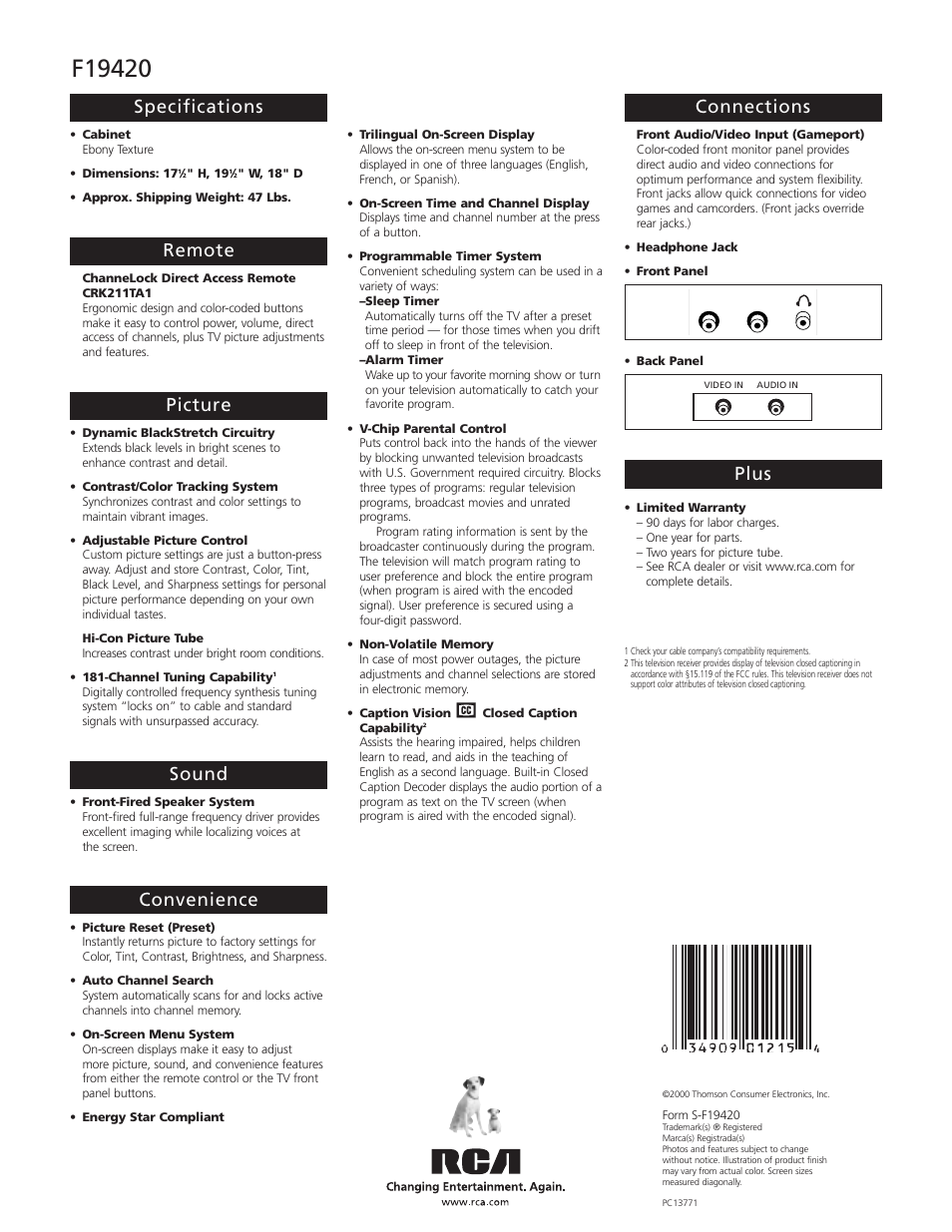 Specifications, Remote, Picture | Sound, Convenience, Connections, Plus | RCA F19420 User Manual | Page 2 / 2