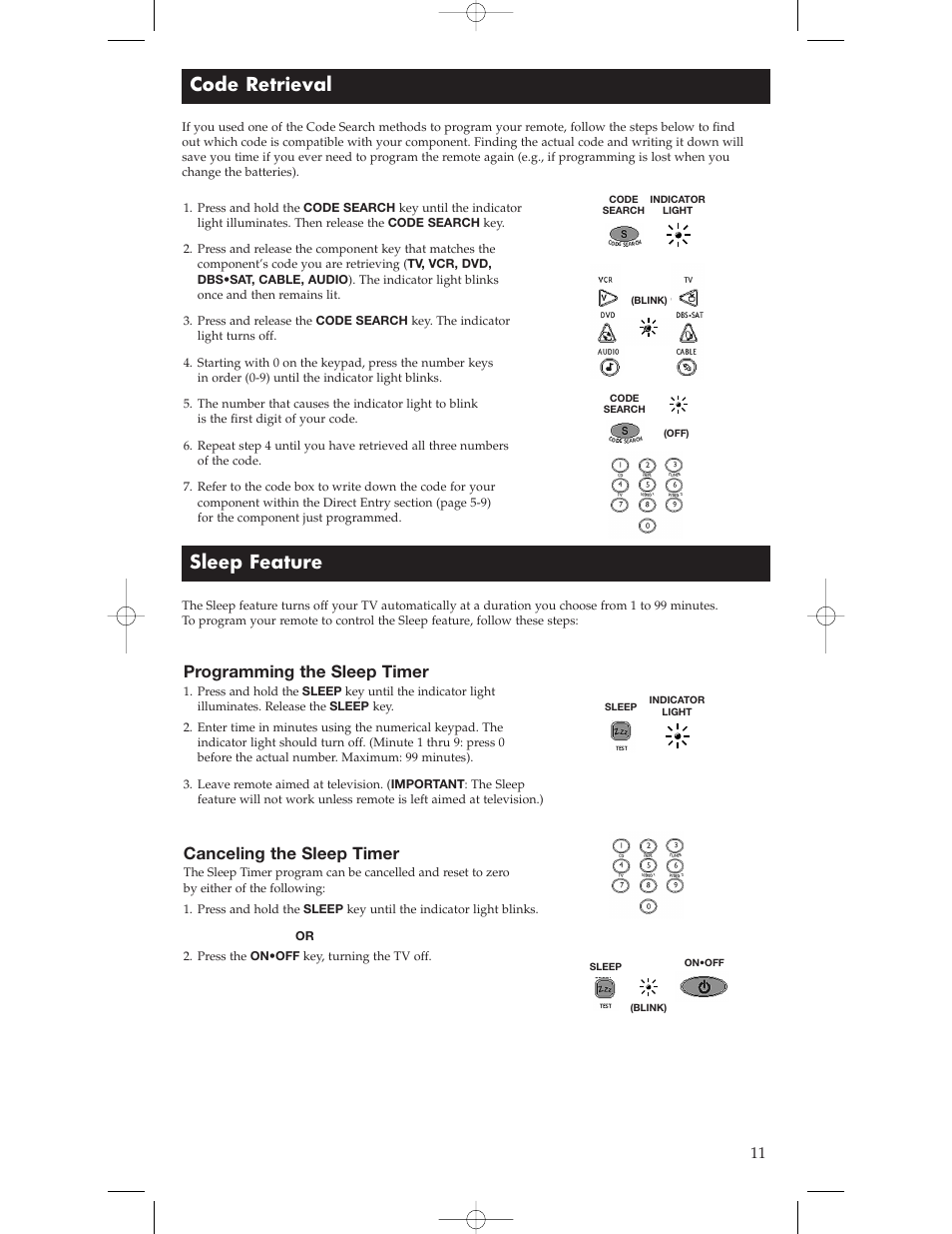 Code retrieval, Sleep feature, Programming the sleep timer | Canceling the sleep timer | RCA Universal Remote RCU600 User Manual | Page 11 / 16