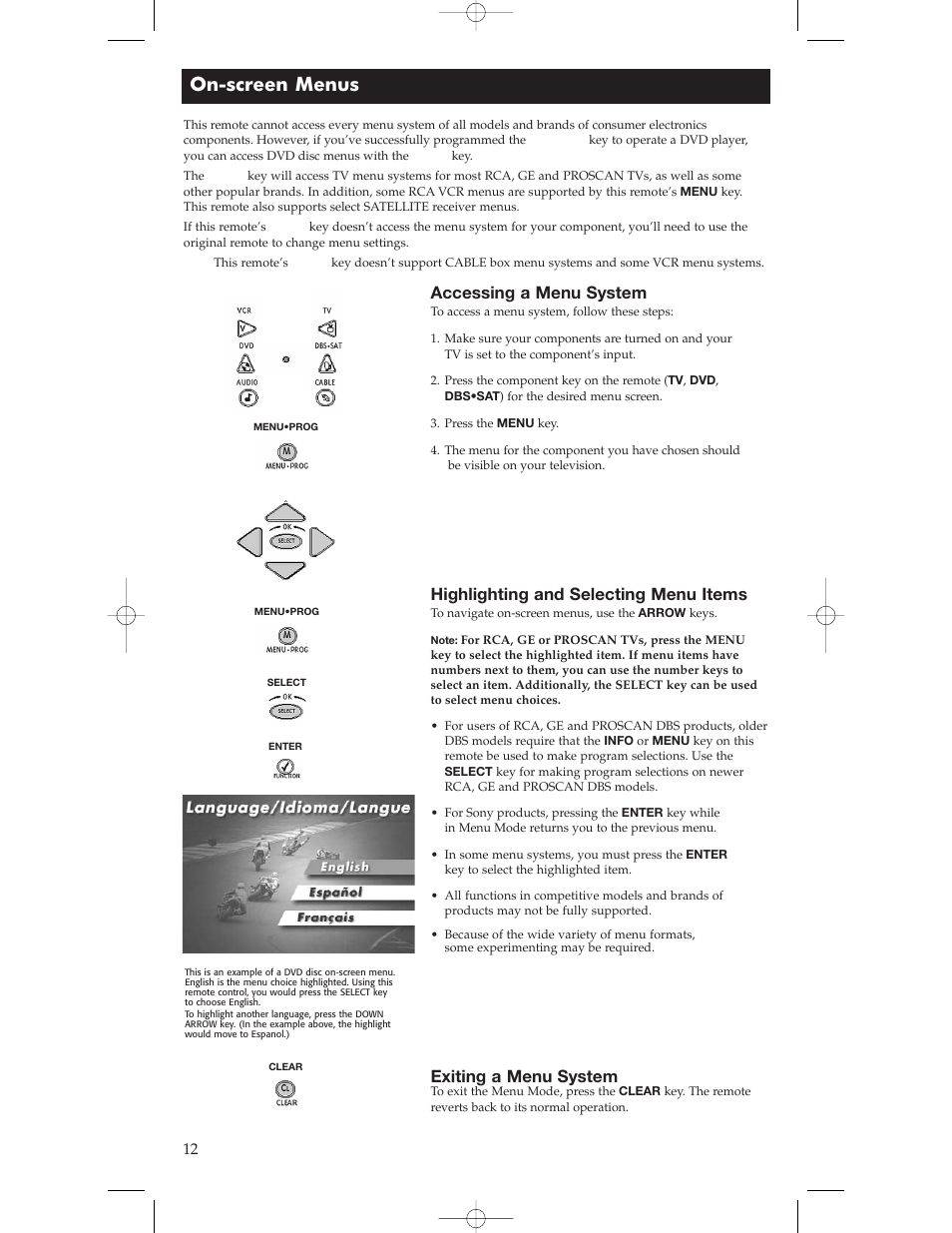 On-screen menus, Accessing a menu system, Highlighting and selecting menu items | Exiting a menu system | RCA Universal Remote RCU600 User Manual | Page 12 / 16