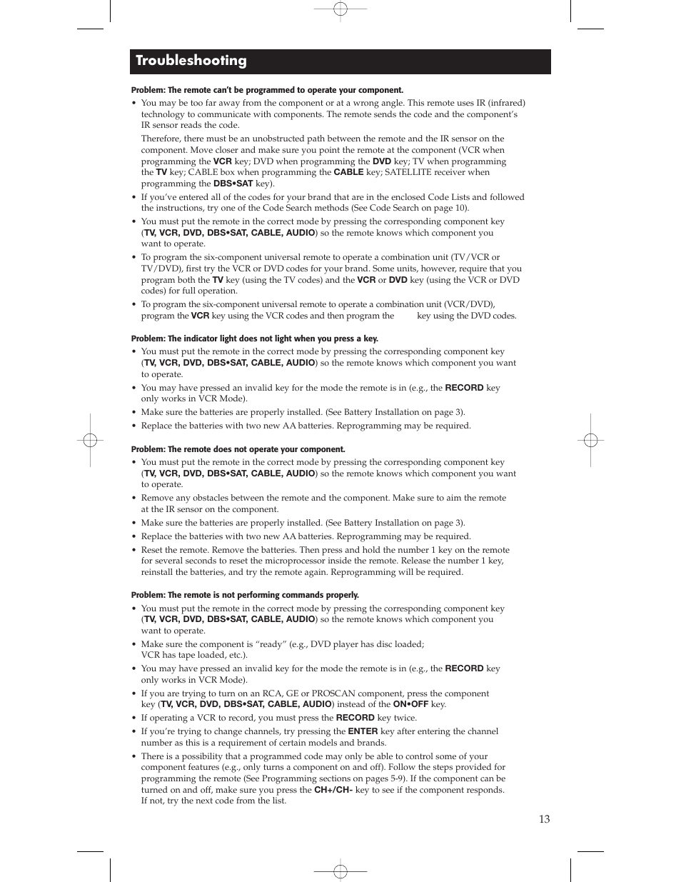 Troubleshooting | RCA Universal Remote RCU600 User Manual | Page 13 / 16