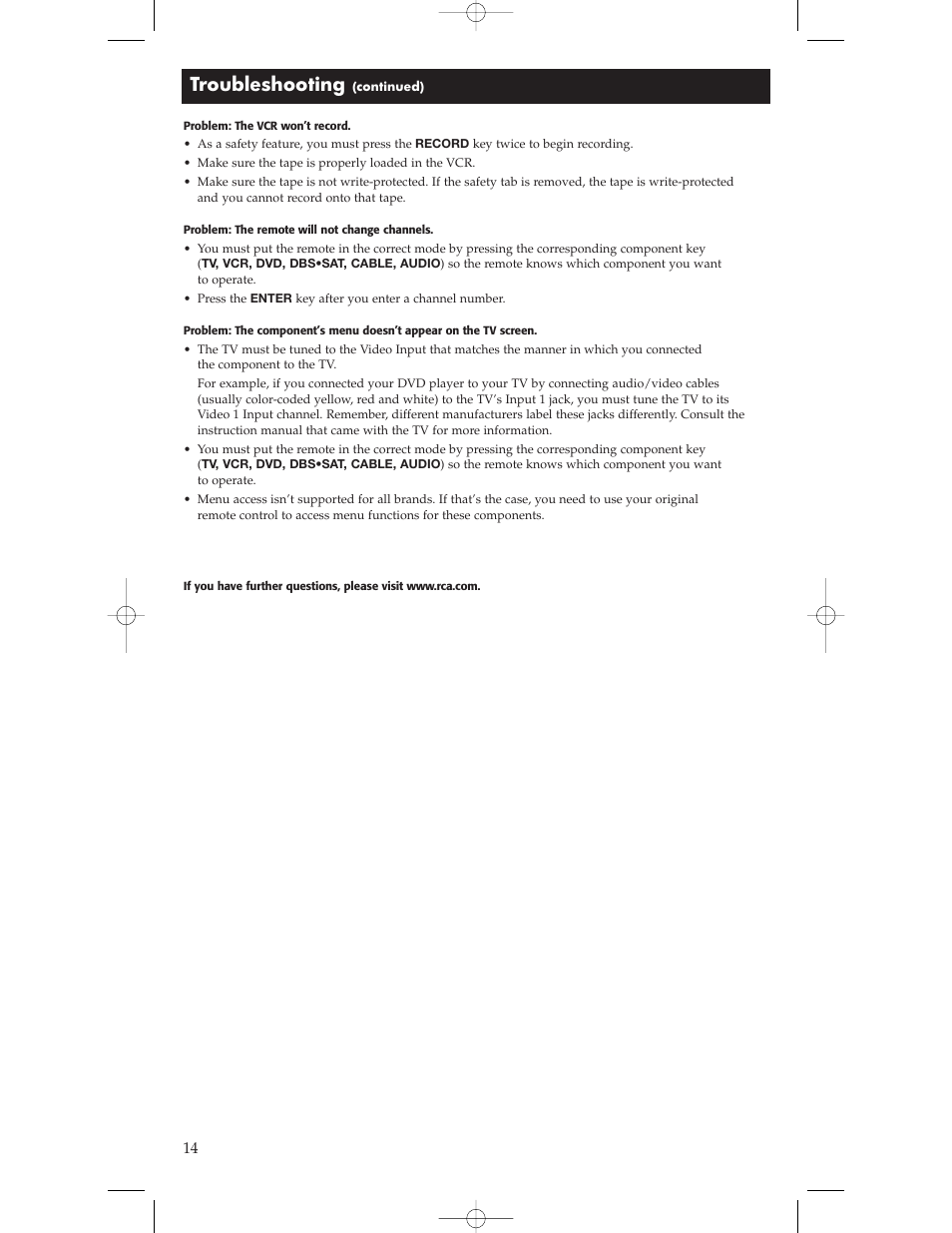 Troubleshooting | RCA Universal Remote RCU600 User Manual | Page 14 / 16