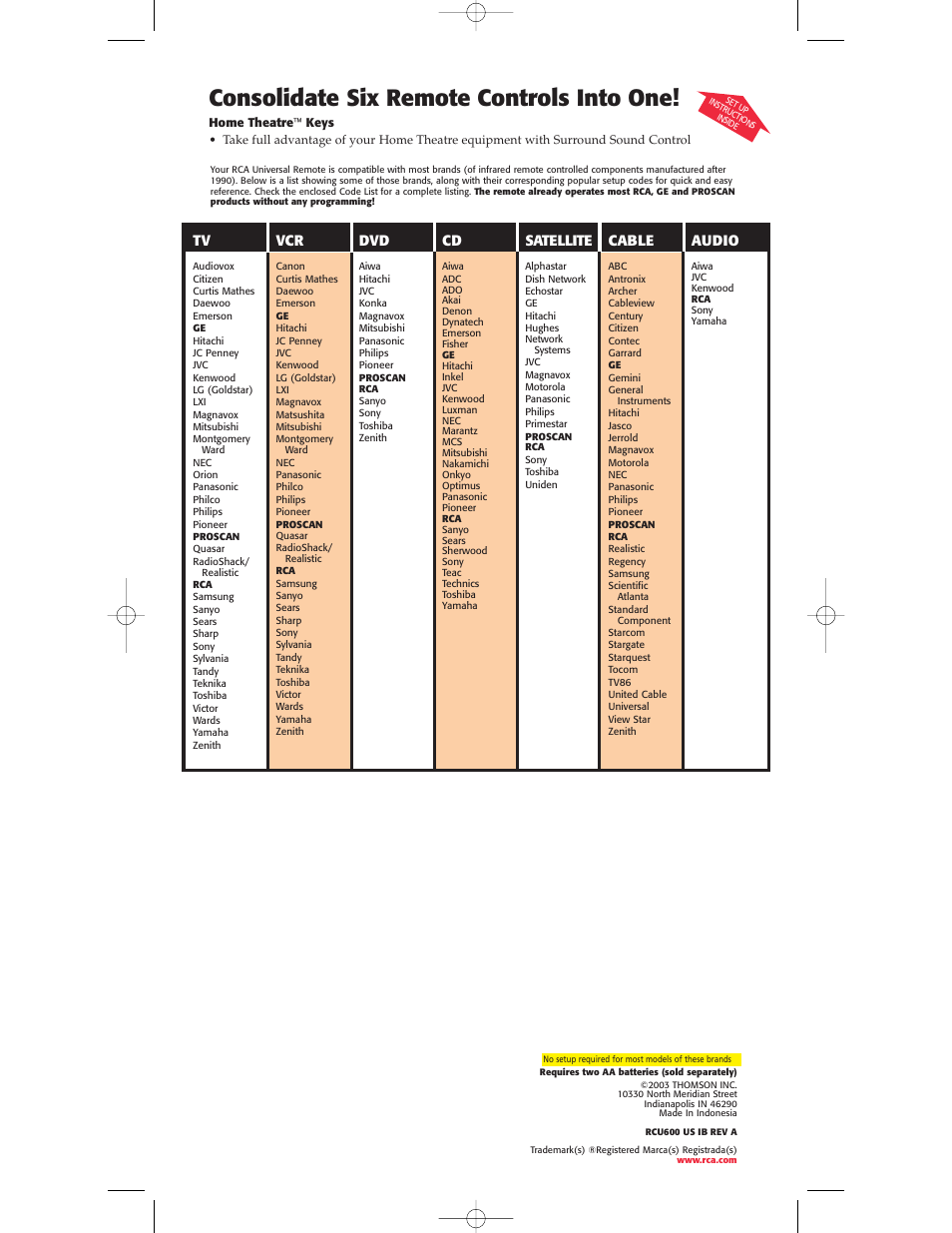 Consolidate six remote controls into one | RCA Universal Remote RCU600 User Manual | Page 16 / 16