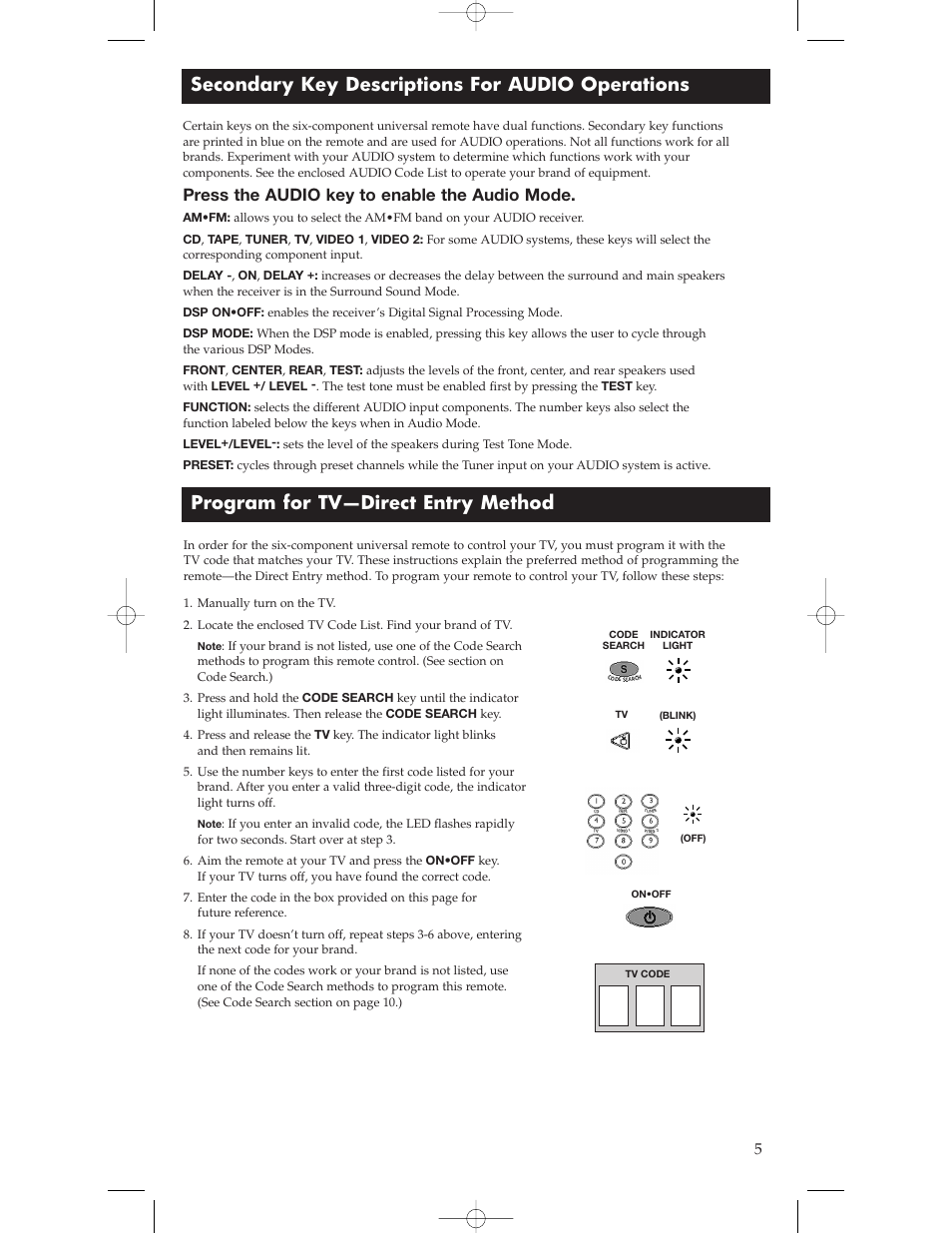 Press the audio key to enable the audio mode | RCA Universal Remote RCU600 User Manual | Page 5 / 16