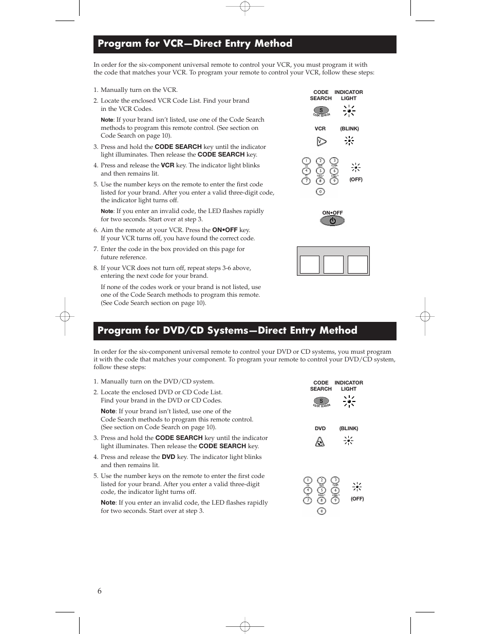 Program for vcr—direct entry method, Program for dvd/cd systems—direct entry method | RCA Universal Remote RCU600 User Manual | Page 6 / 16
