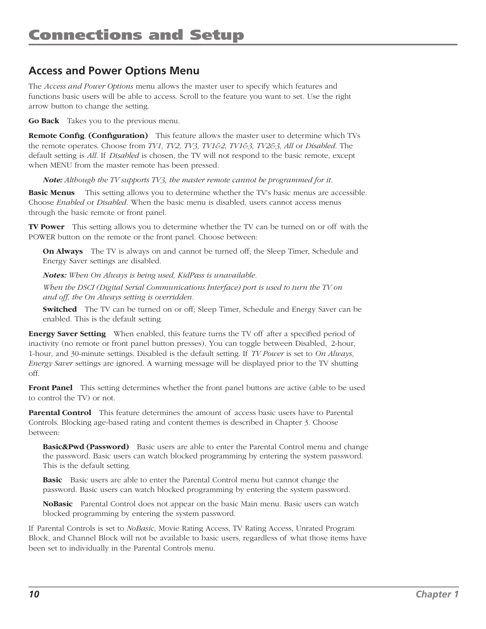 Connections and setup, Access and power options menu | RCA J26L637L User Manual | Page 10 / 38
