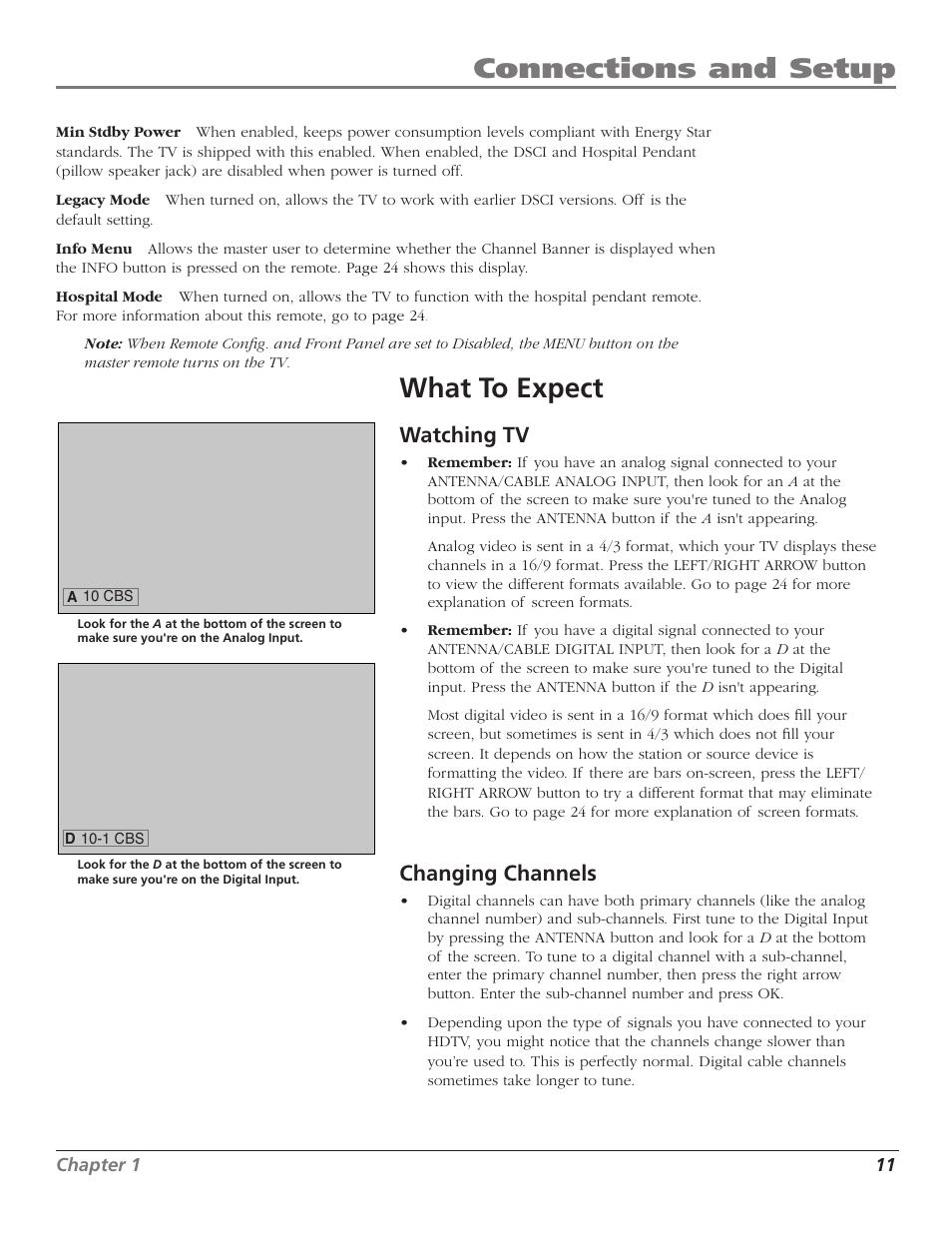 Connections and setup, What to expect, Watching tv | Changing channels | RCA J26L637L User Manual | Page 11 / 38