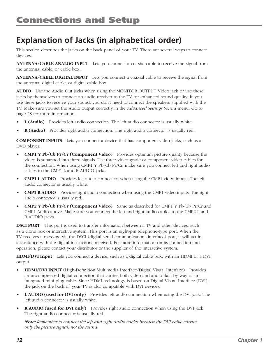 Connections and setup, Explanation of jacks (in alphabetical order) | RCA J26L637L User Manual | Page 12 / 38