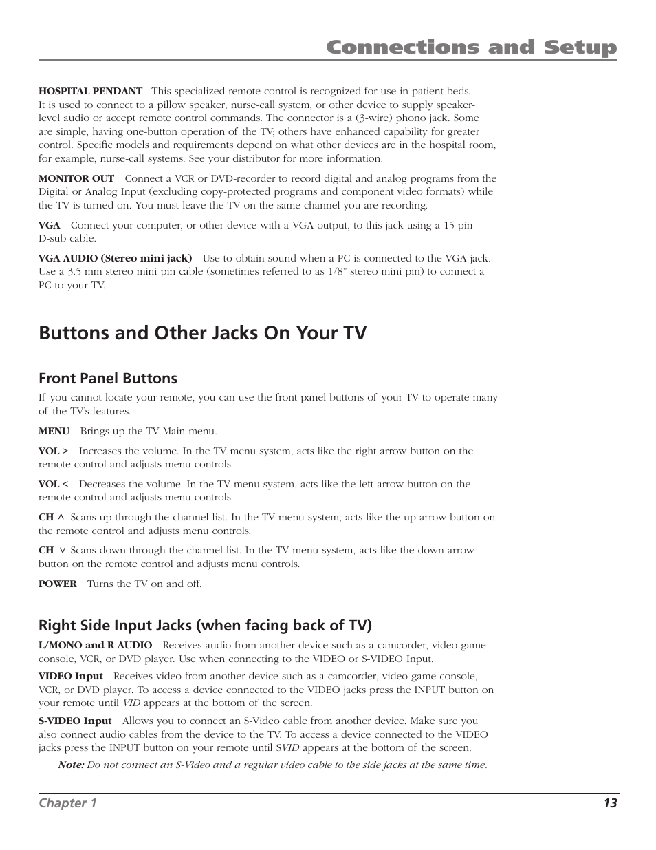 Connections and setup, Buttons and other jacks on your tv, Front panel buttons | Right side input jacks (when facing back of tv) | RCA J26L637L User Manual | Page 13 / 38